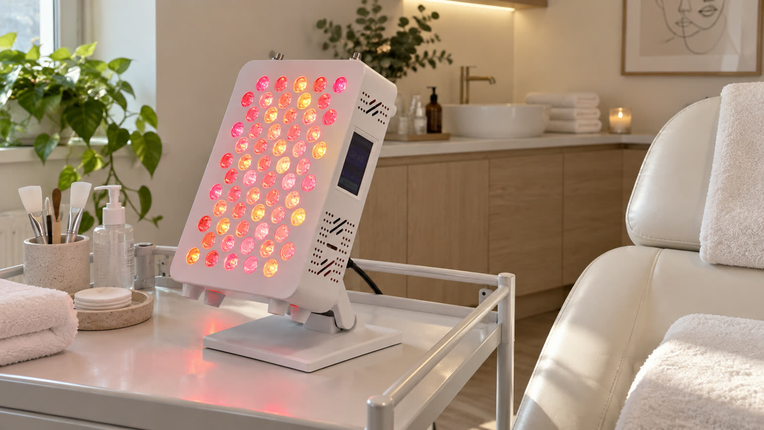 Een verlicht RedLab-paneel op een behandeltrolley in een beautystudio.