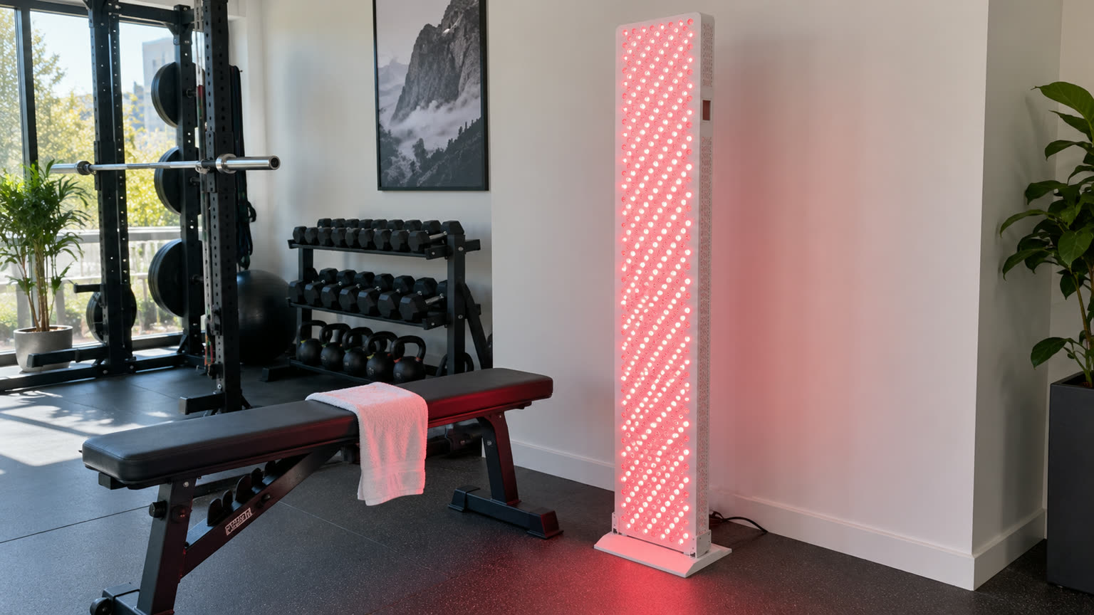 Een verlicht RedLab-paneel naast een halterbank in een fitnessruimte.