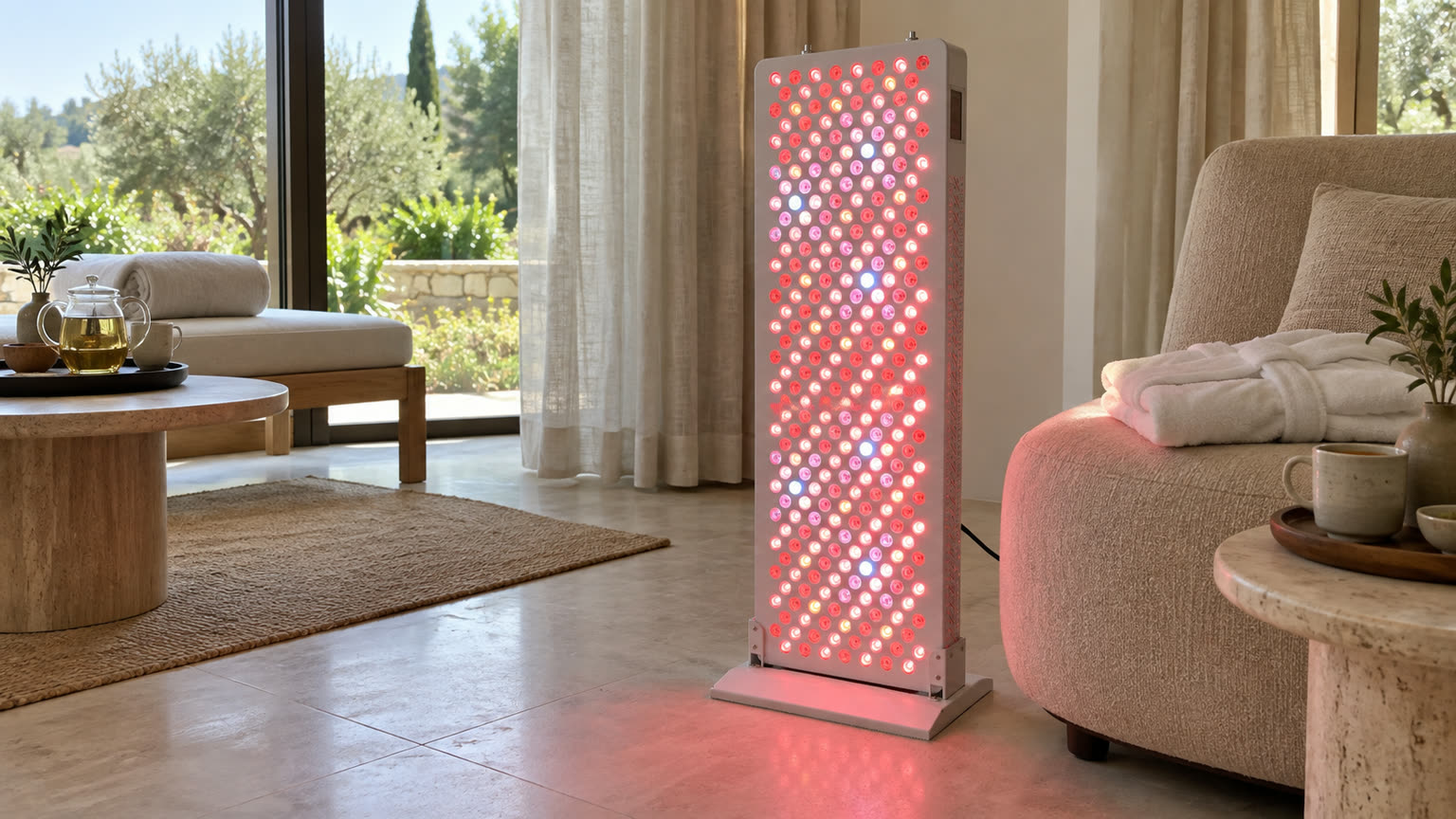 Een verlicht RedLab-paneel in een lichte lounge met zicht op de tuin.