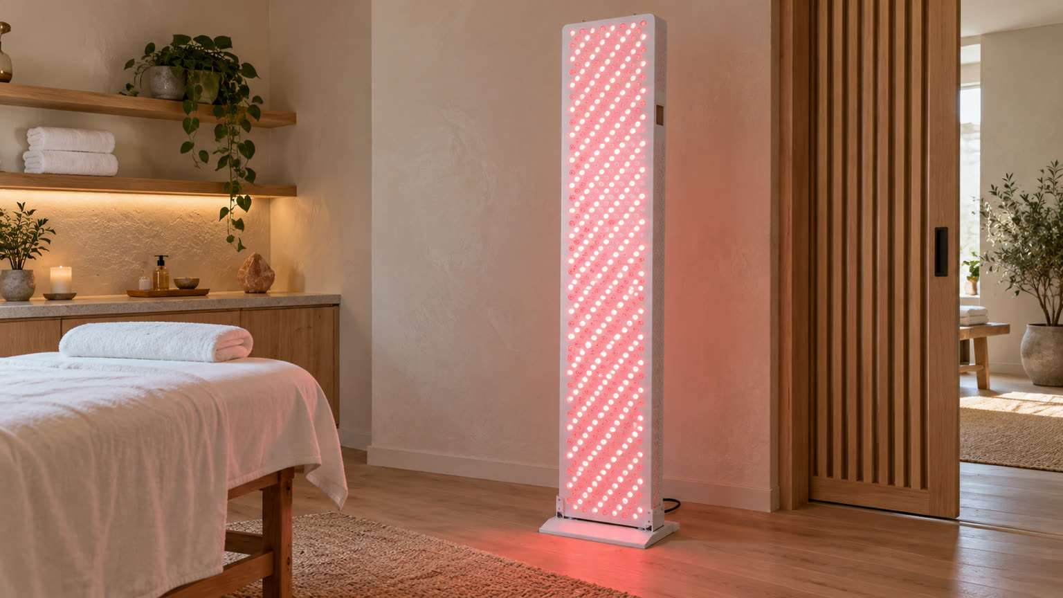 Een verlicht RedLab-paneel naast een massagebank in een wellnessruimte.